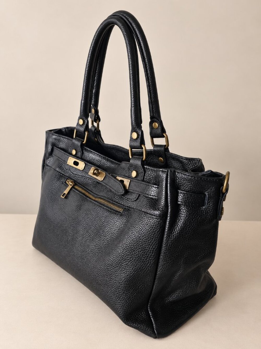Black Large Leather Tote Bag, Italian Genuine Leather Work Bag, Vintage Purse - Picture 6 of 14